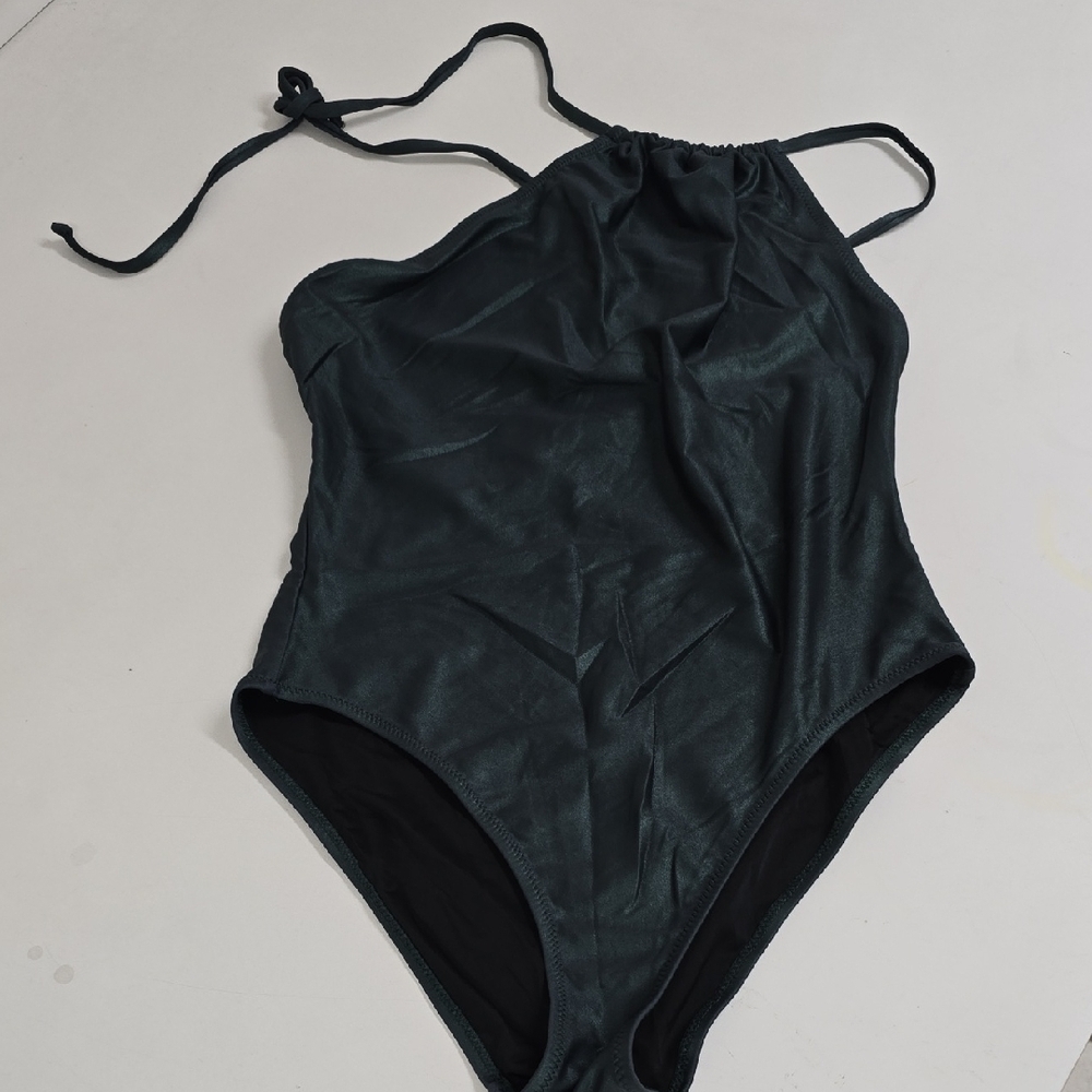 Solid And Stripped Dark Green One-Piece Swimsuit